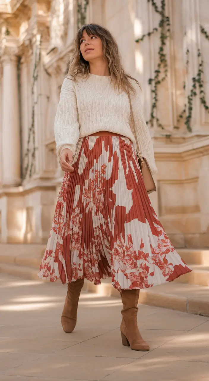 trendy fall outfits ideas 2025 Pleated Rust Florals & Cozy Knit