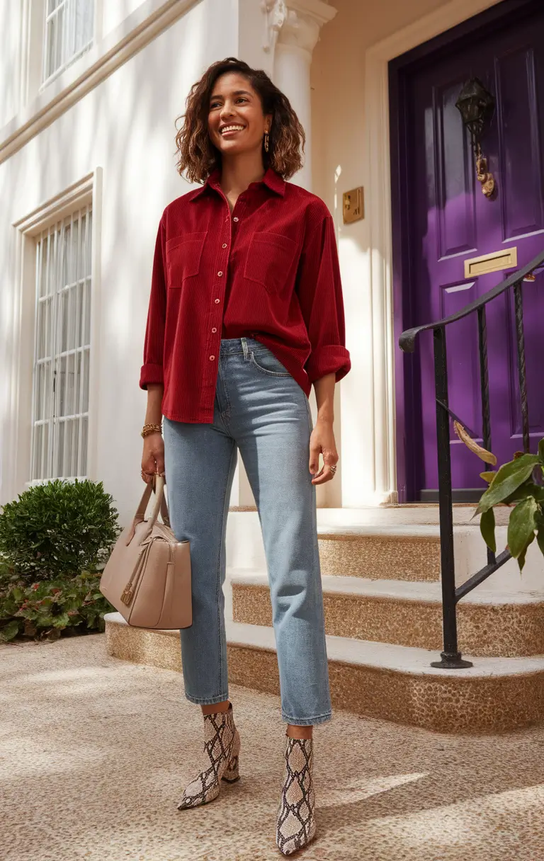 trendy fall outfits ideas 2025 Red Corduroy & Snakeskin Remix