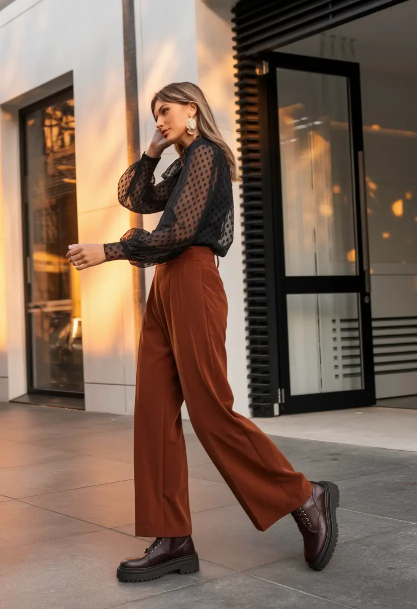 trendy fall outfits ideas 2025 Sheer Polka Dots & Rust-Tone Power Pants