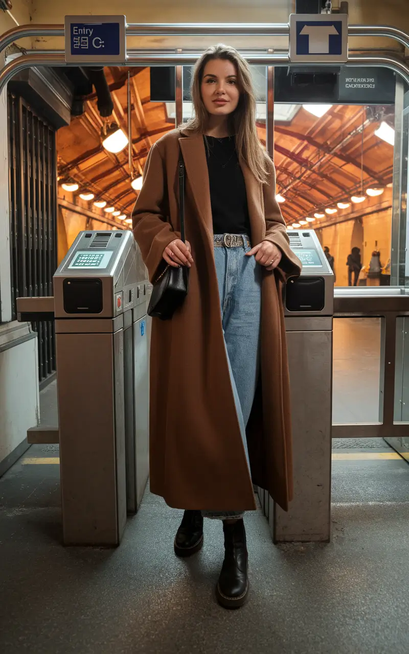 street style casual Subway Sleek in Long Coat and Denim