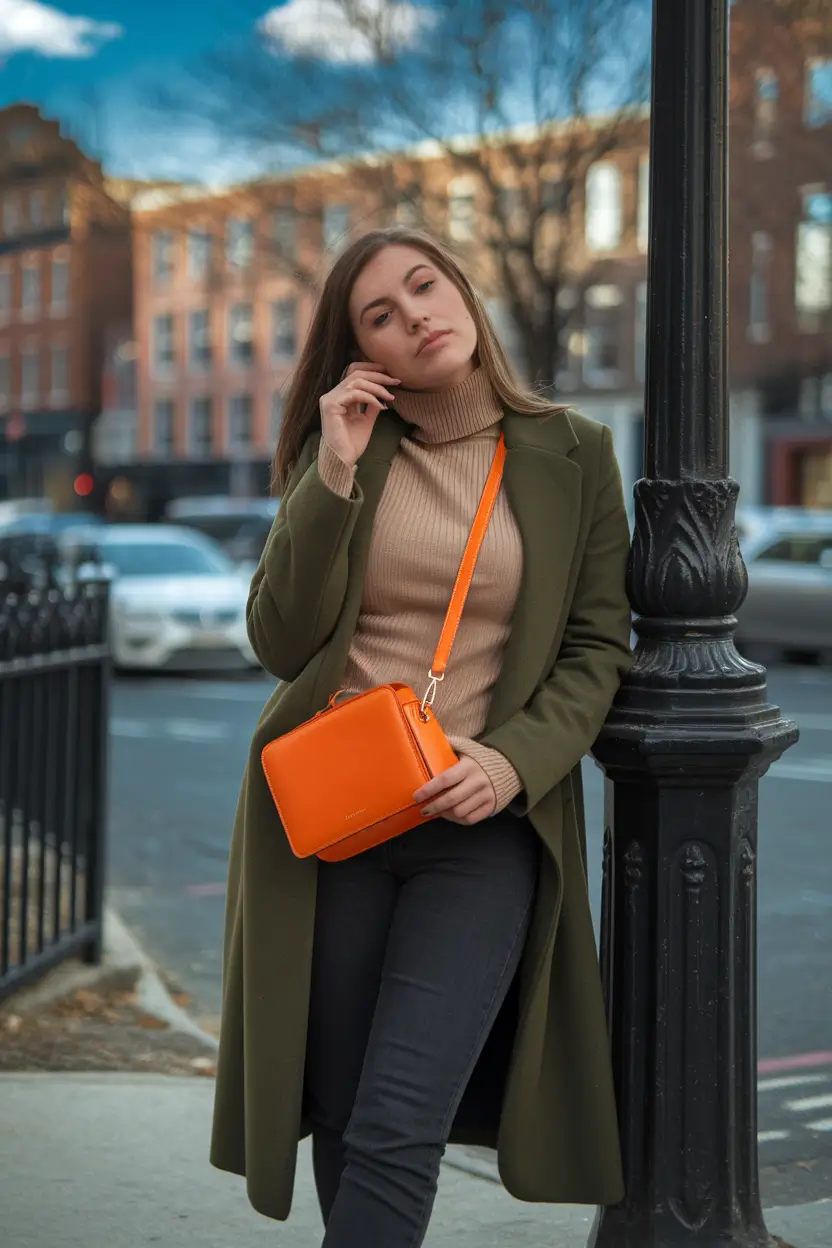 street style Jeans Olive & Orange: The Unexpected Fall Combo
