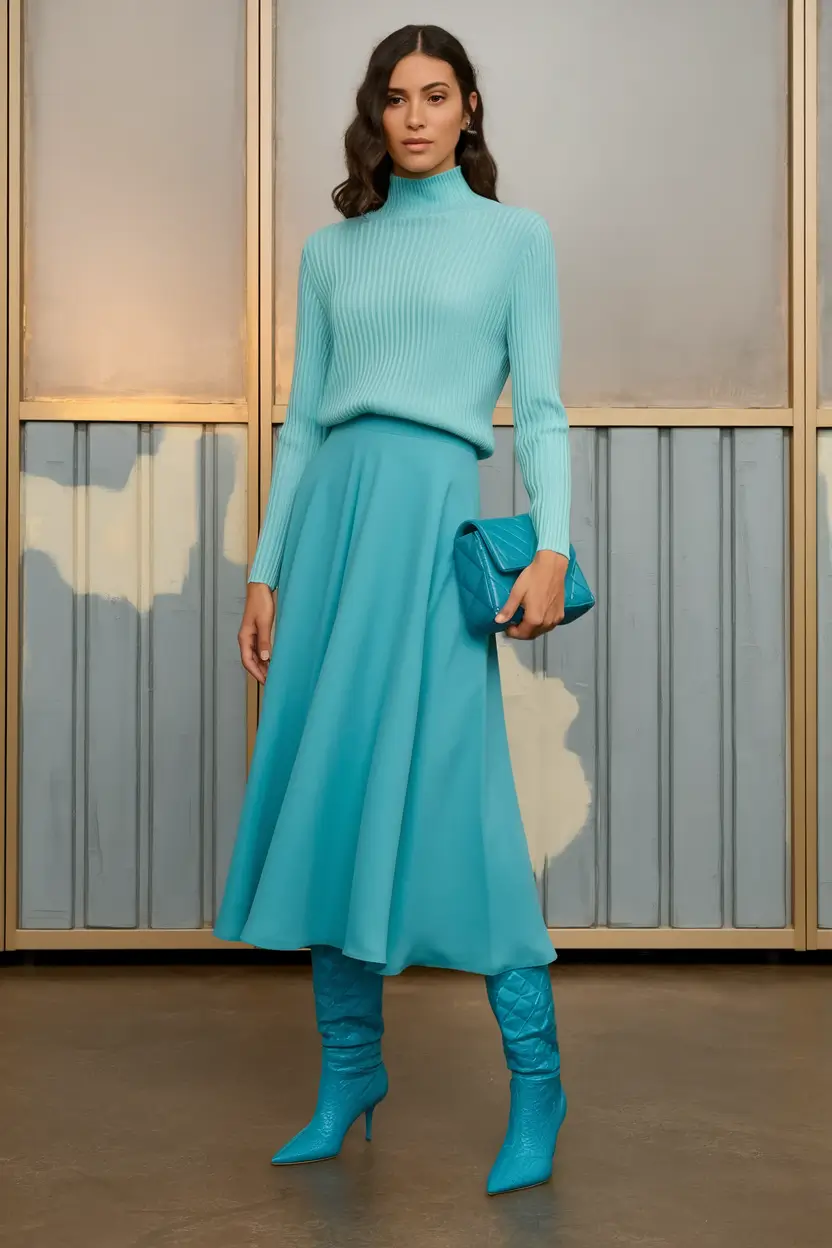 nyc fall outfits aesthetic Monochrome Elegance in Aquatic Blues