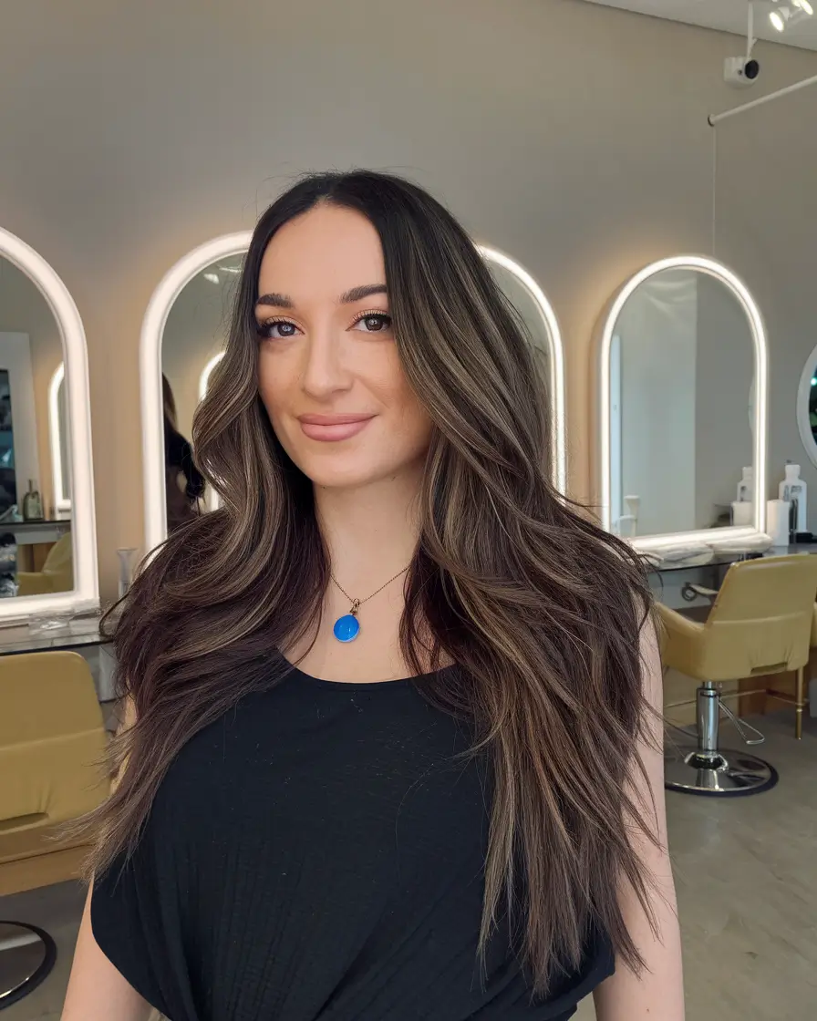 fall brown hair color balayage Feathered Brunette Layers with Golden Ribbons