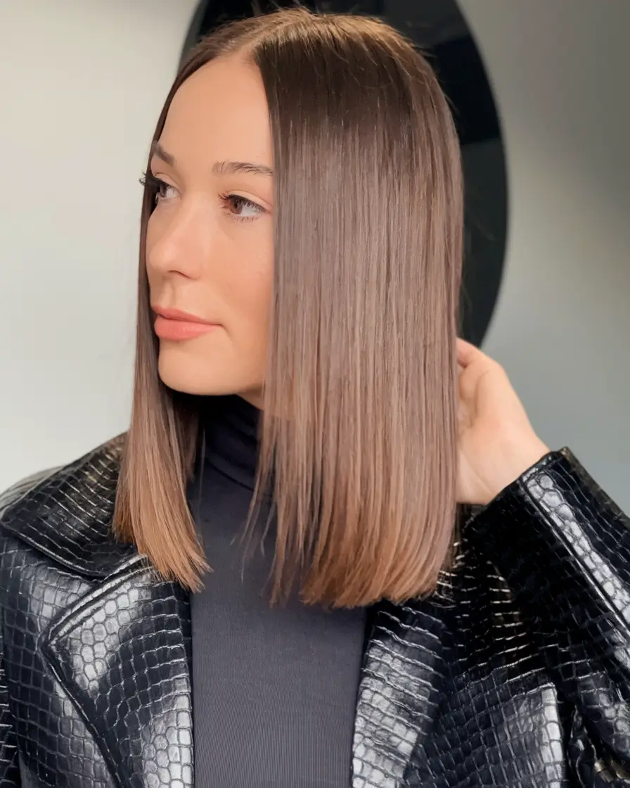 fall brown hair color brunettes short Polished Brown Blunt Bob
