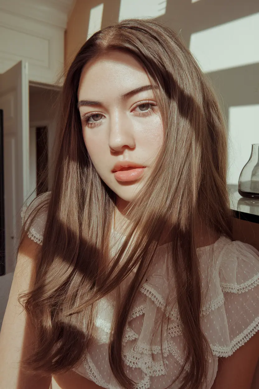 fall brown hair color pale skin Muted Chestnut Tones with Baby Layers