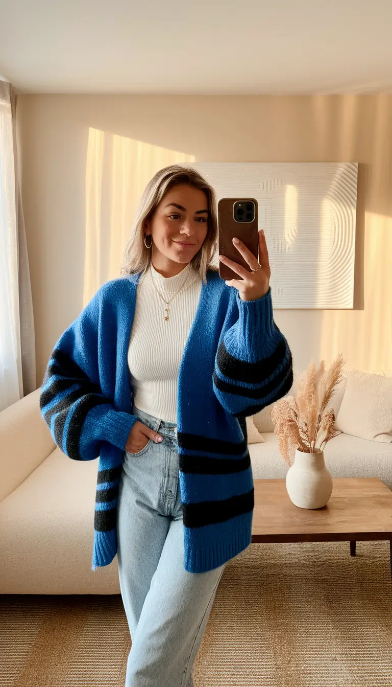 warm fall outfits ideas 2025 Cobalt Confidence & Creamy Layers