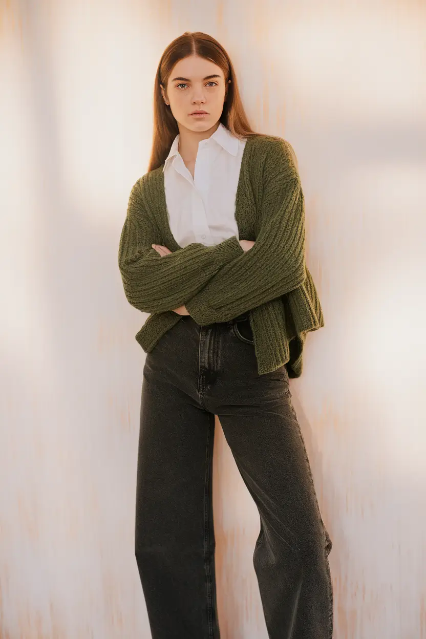 warm fall outfits ideas 2025 Schoolcore With a Twist: Olive and Denim