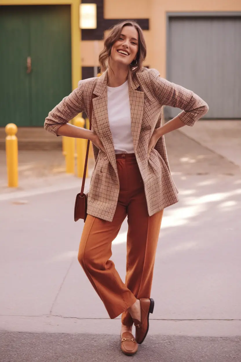 warm fall outfits ideas 2025 Plaid Blazer & Pumpkin Spice Trousers