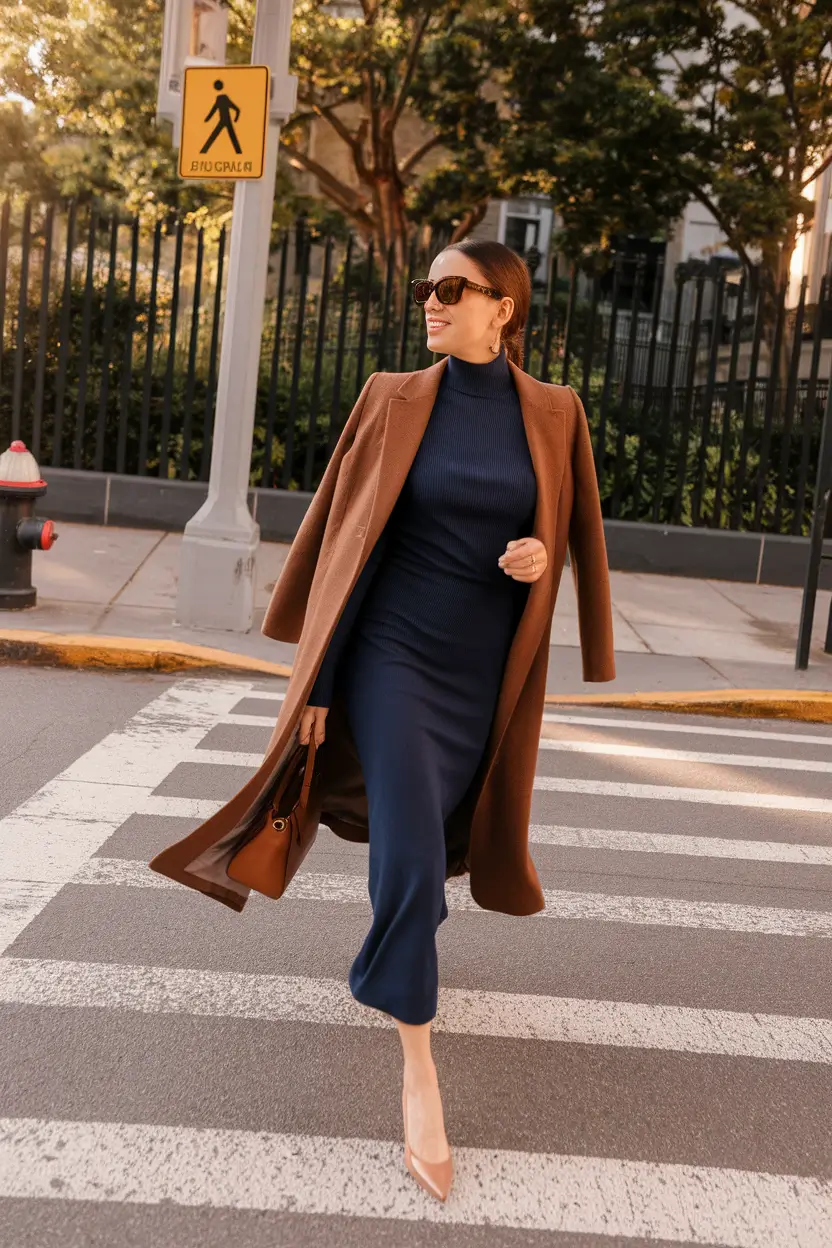 warm fall outfits ideas 2025 City Sleek in Navy and Camel