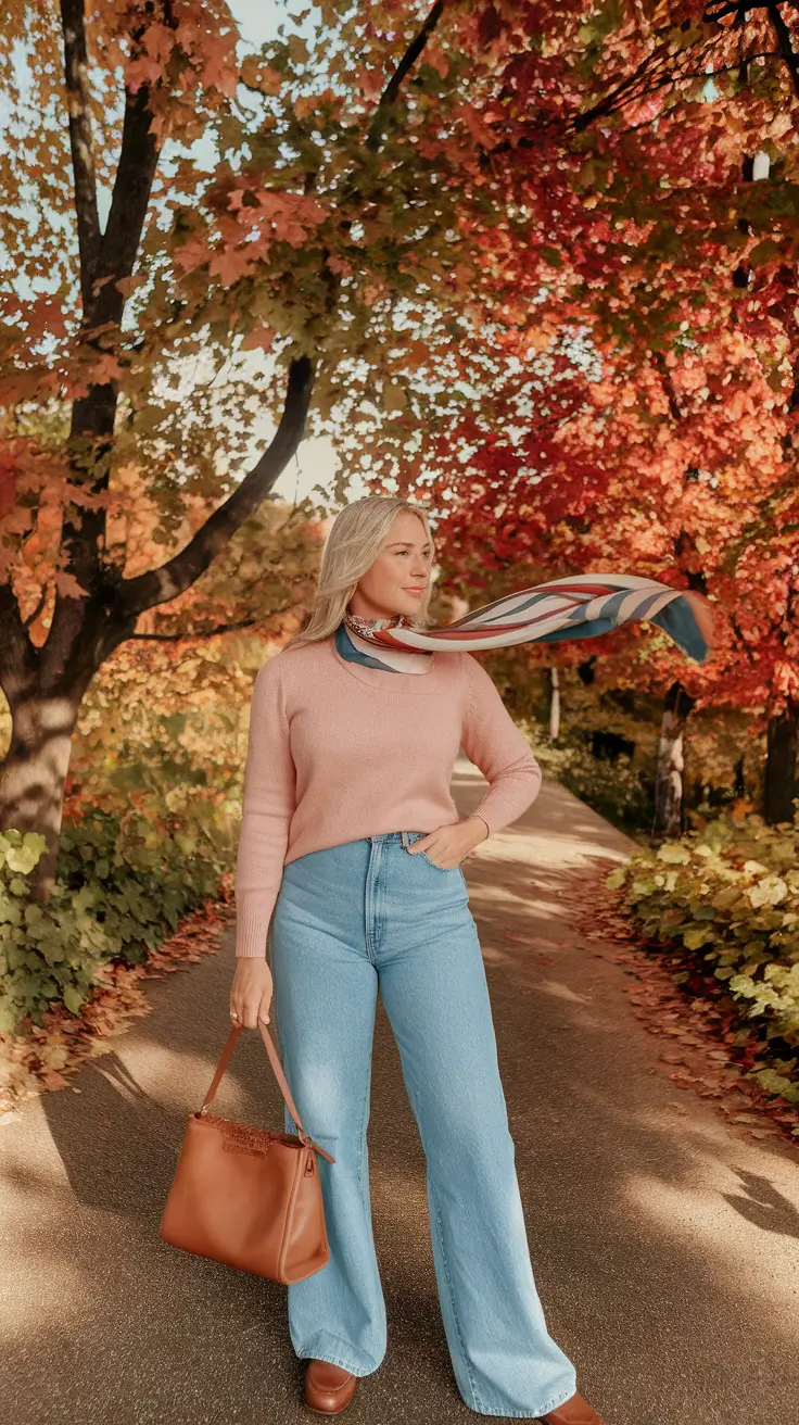 warm fall outfits ideas 2025 Blush Sweater & Wind-Tossed Scarf Stroll