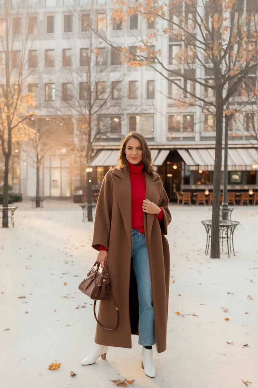 warm fall outfits ideas 2025 Candy-Apple Pop Under an Oversized Camel Coat
