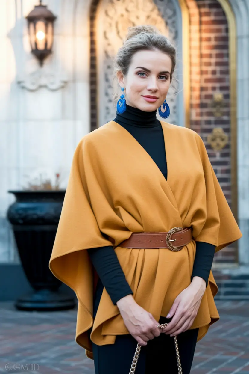 warm fall outfits ideas 2025 Mustard Cape & Statement Sapphire Earrings