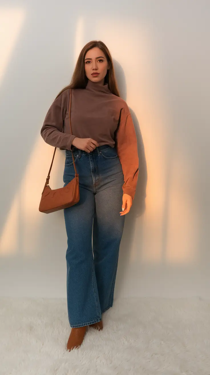 warm fall outfits ideas 2025 Mocha Mock-Neck & Sunset Denim