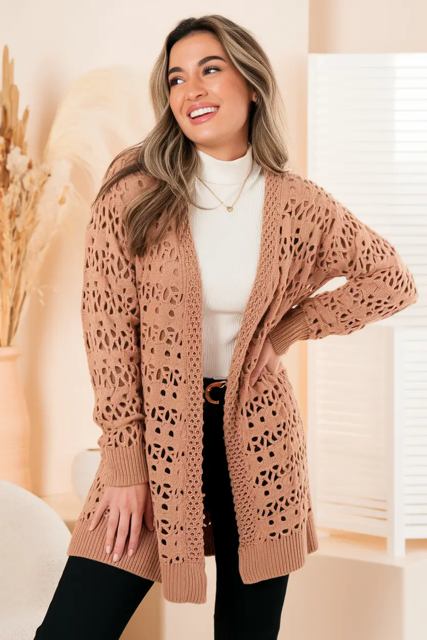 warm fall outfits ideas 2025 Open-Knit Cardigan & Creamy Mock-Neck Ease