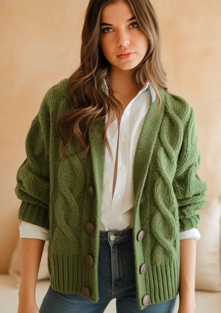 warm fall outfits ideas 2025 Olive Cable-Knit Meets Crisp White Shirting
