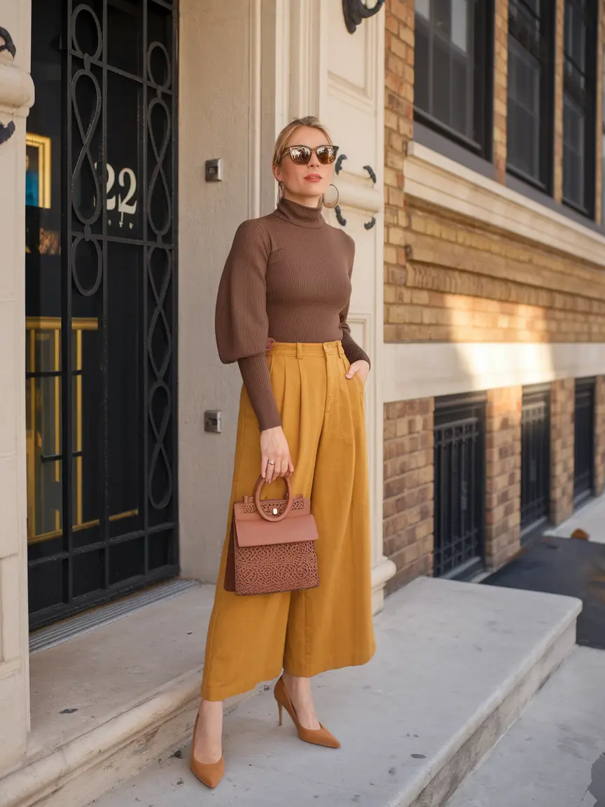 warm fall outfits ideas 2025 Spiced Mustard Trousers & Sleek Turtleneck