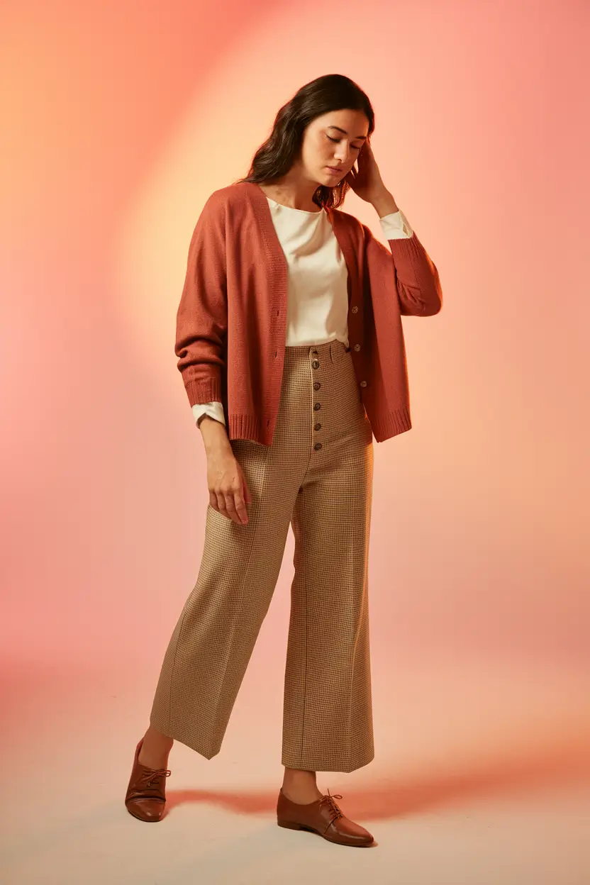 warm fall outfits ideas 2025 Rust Cardigan & Heritage-Check Trousers