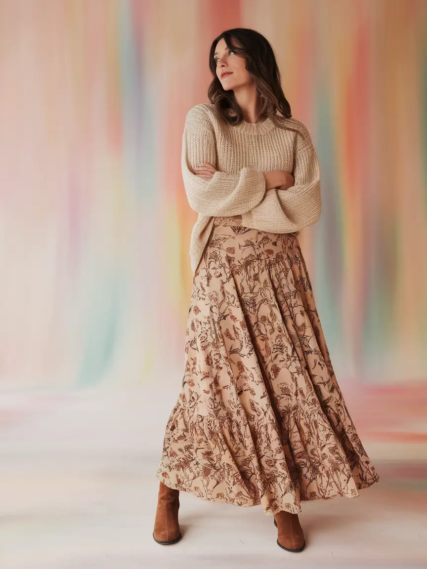 warm fall outfits ideas 2025 Maxi Florals & Chunky Knit Layers
