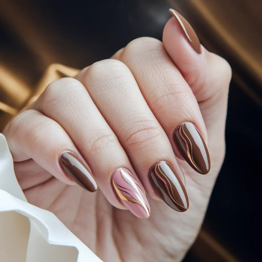 2025 Brown Fall Nails Glossy Chocolate with Artistic Waves