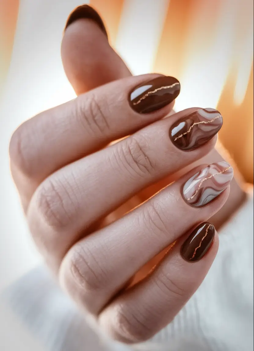 2025 Brown Fall Nails Marbled Browns with Gold Veins