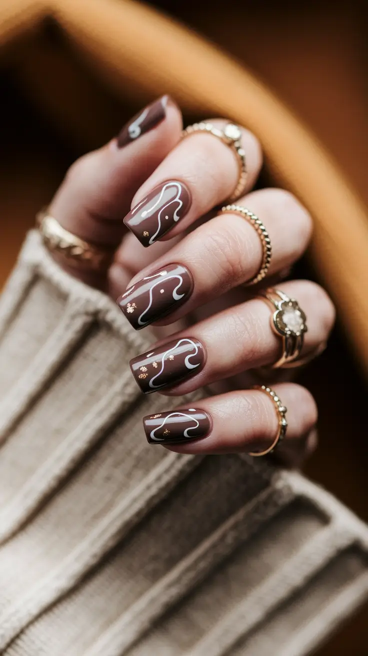 2025 Brown Fall Nails Abstract Brown with White Accents