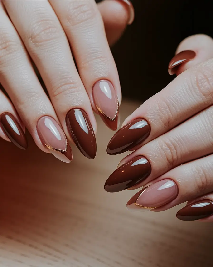 2025 Brown Fall Nails Chocolate and Nude French Twist