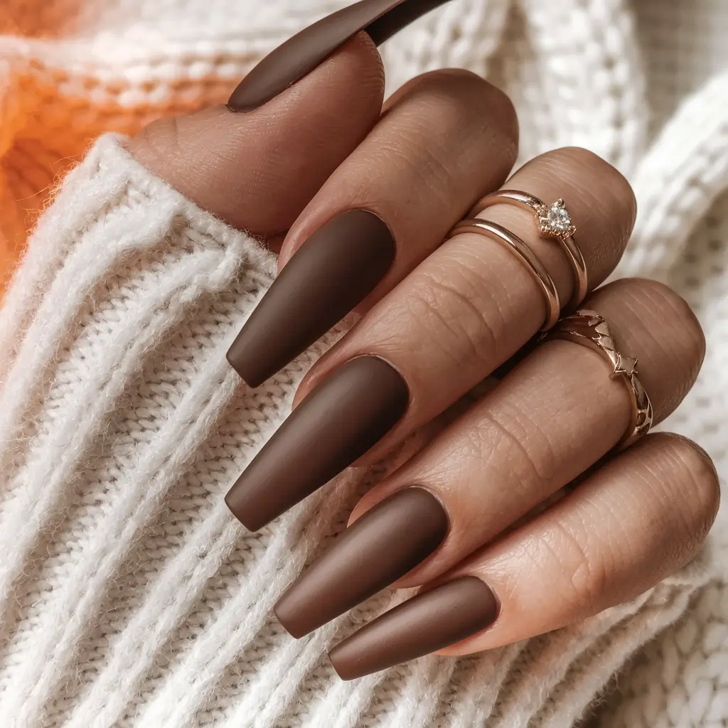 2025 Brown Fall Nails Matte Cocoa Coffin Nails