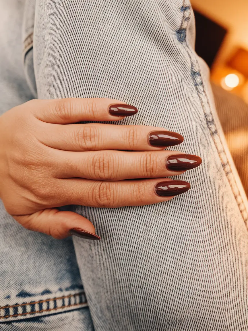 2025 Brown Fall Nails Deep Glossy Brown Almond