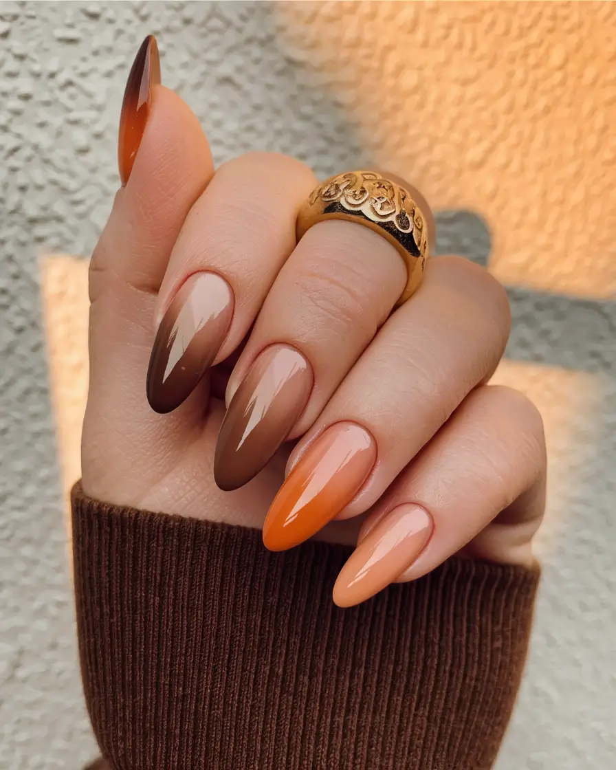 2025 Brown Fall Nails Autumn Ombre in Warm Brown and Orange