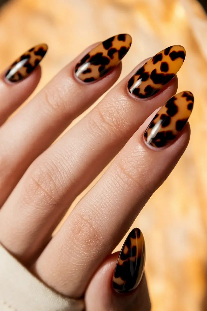 2025 Brown Fall Nails Tortoiseshell Almond Pattern