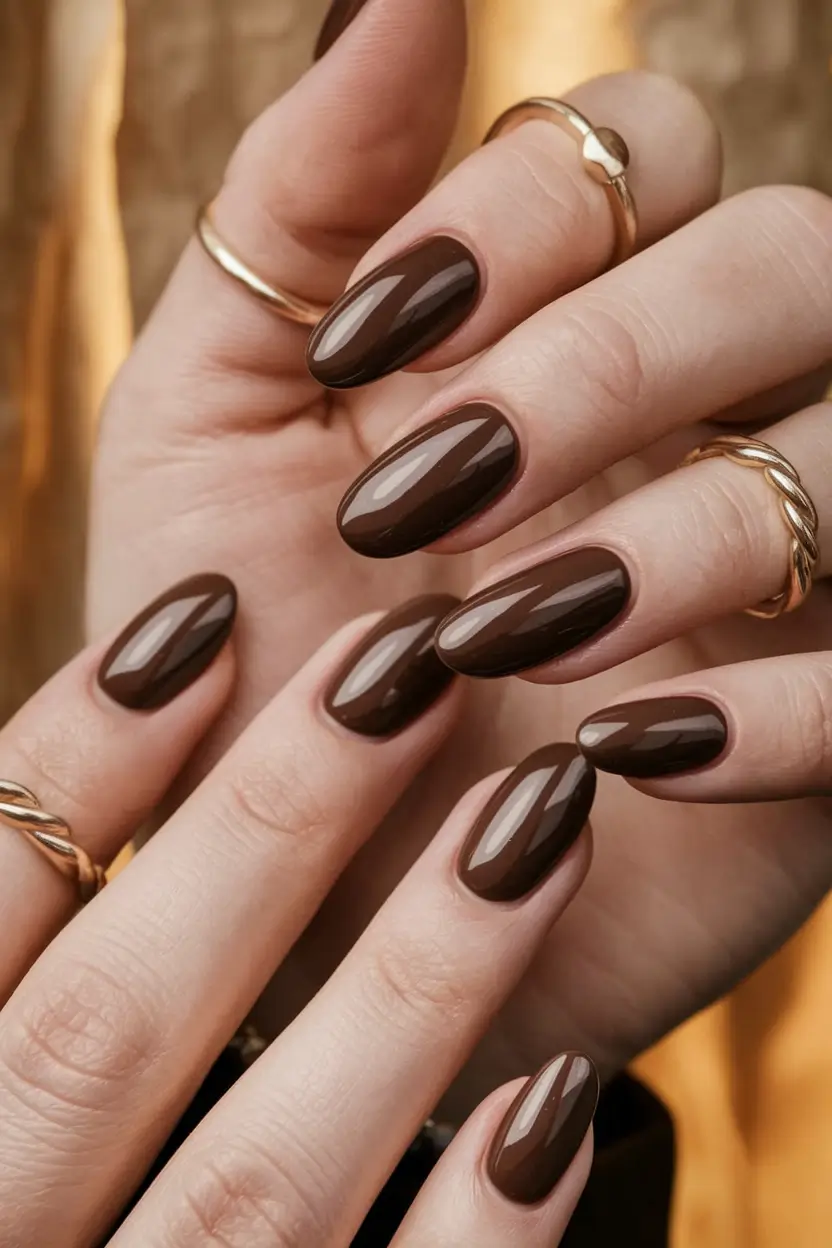 2025 Brown Fall Nails Glossy Brown Almond Elegance