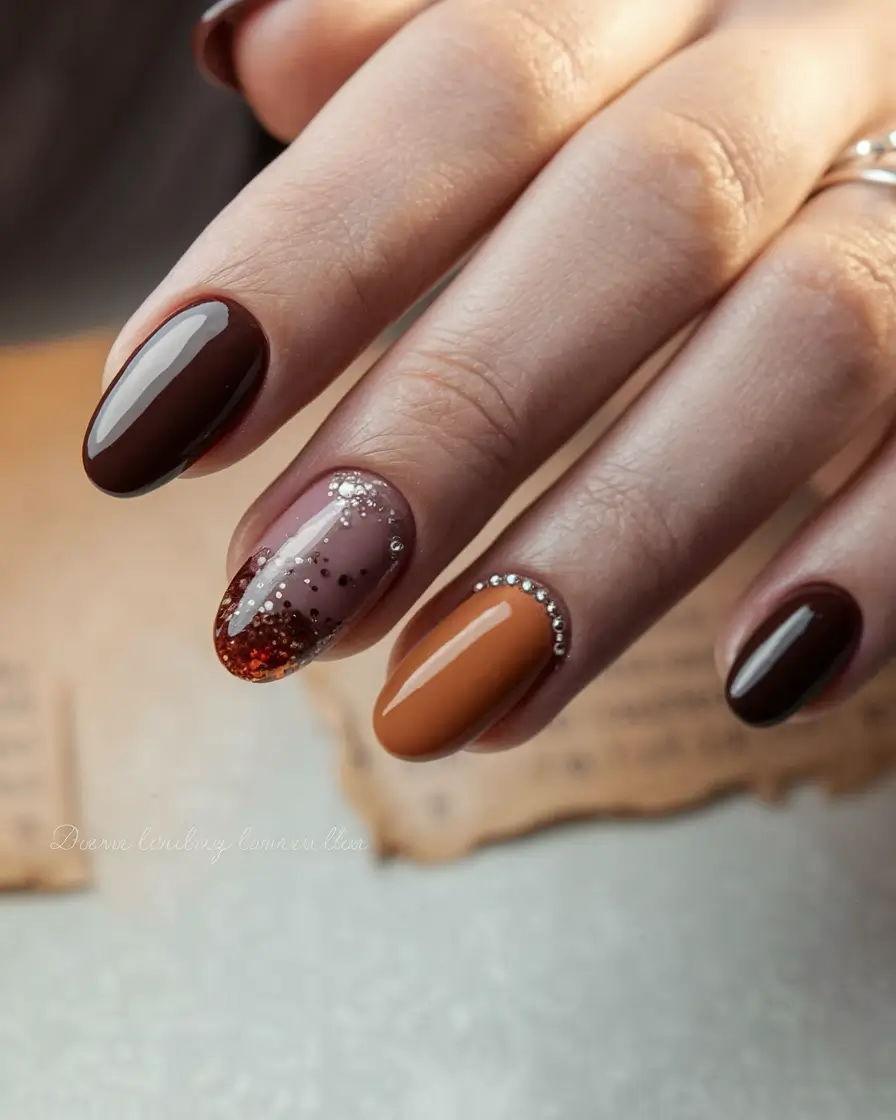 2025 Brown Fall Nails Autumn Mix with Glitter and Accents