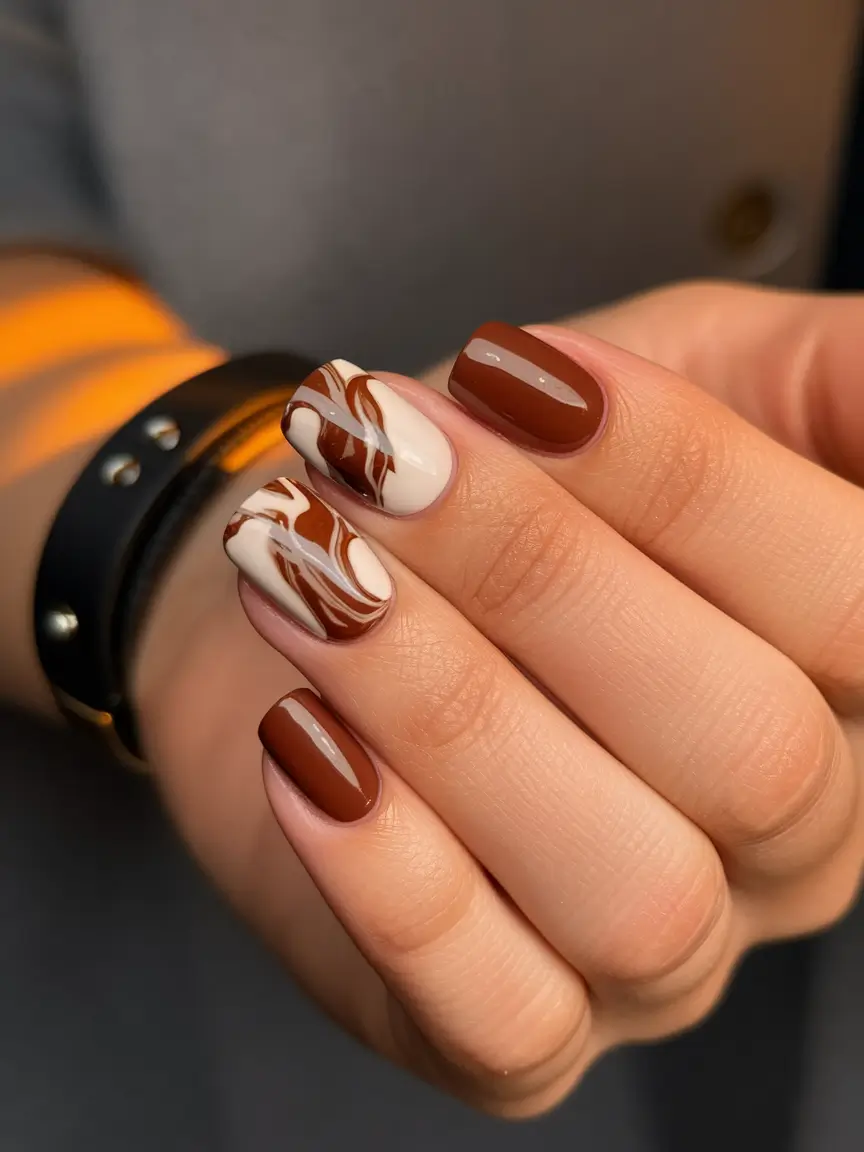 2025 Brown Fall Nails Swirled Brown and Cream Short Nails