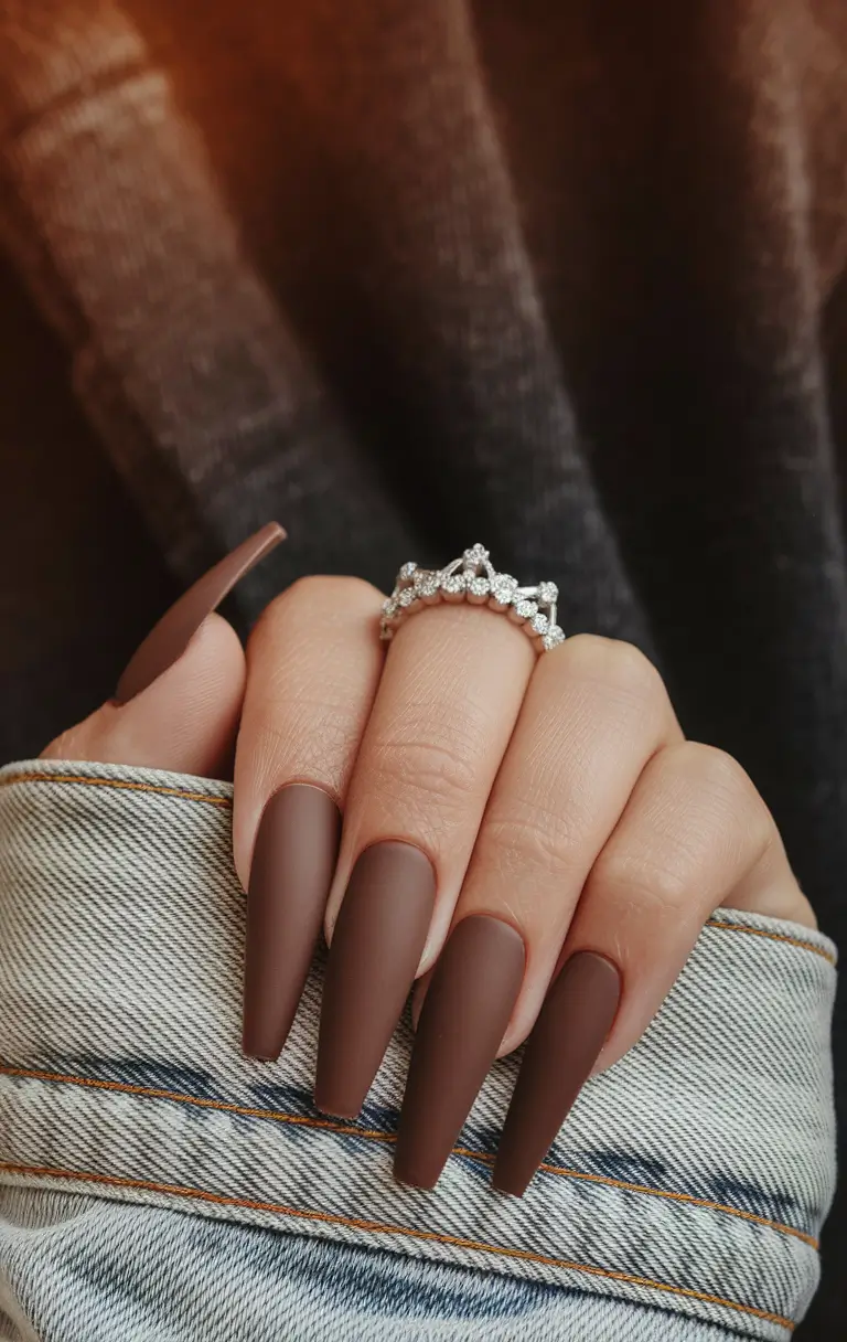 2025 Brown Fall Nails Matte Chocolate Long Coffin