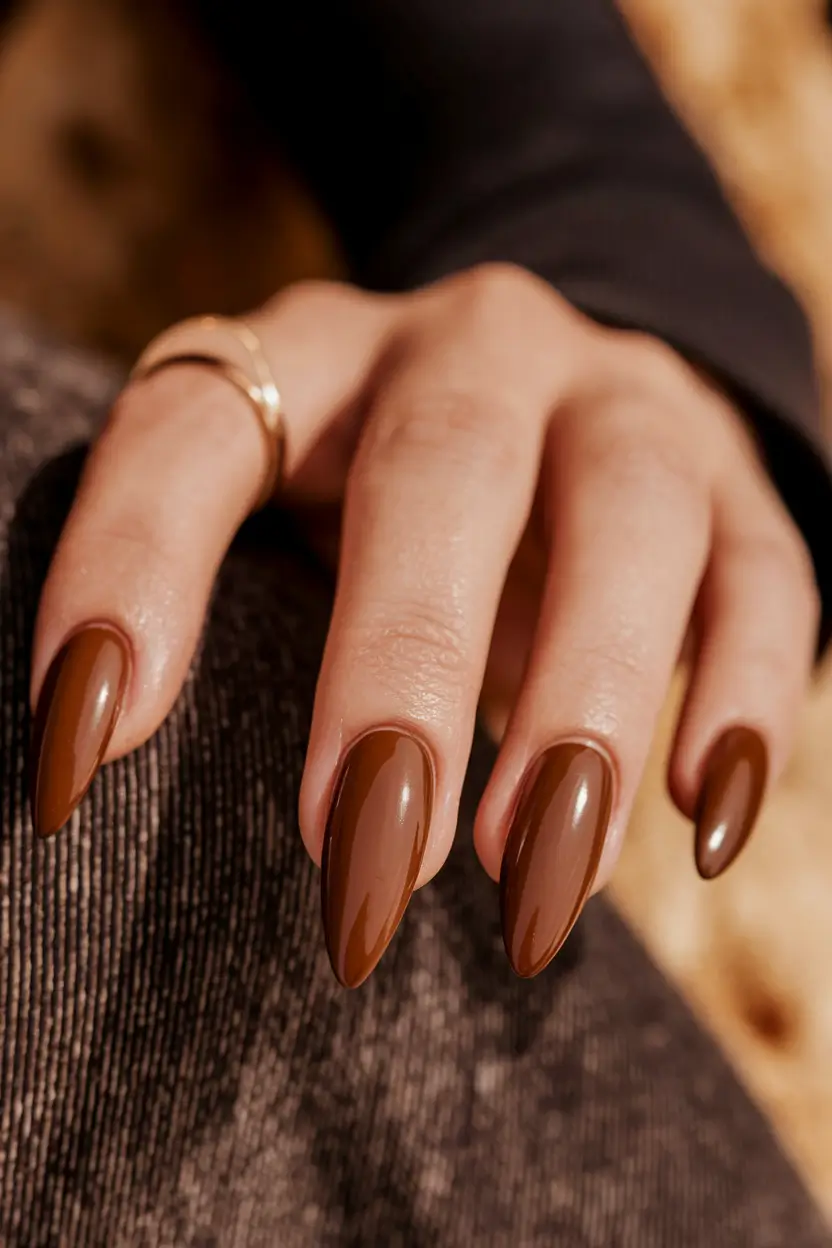 2025 Brown Fall Nails Glossy Brown Almond with Caramel Shine