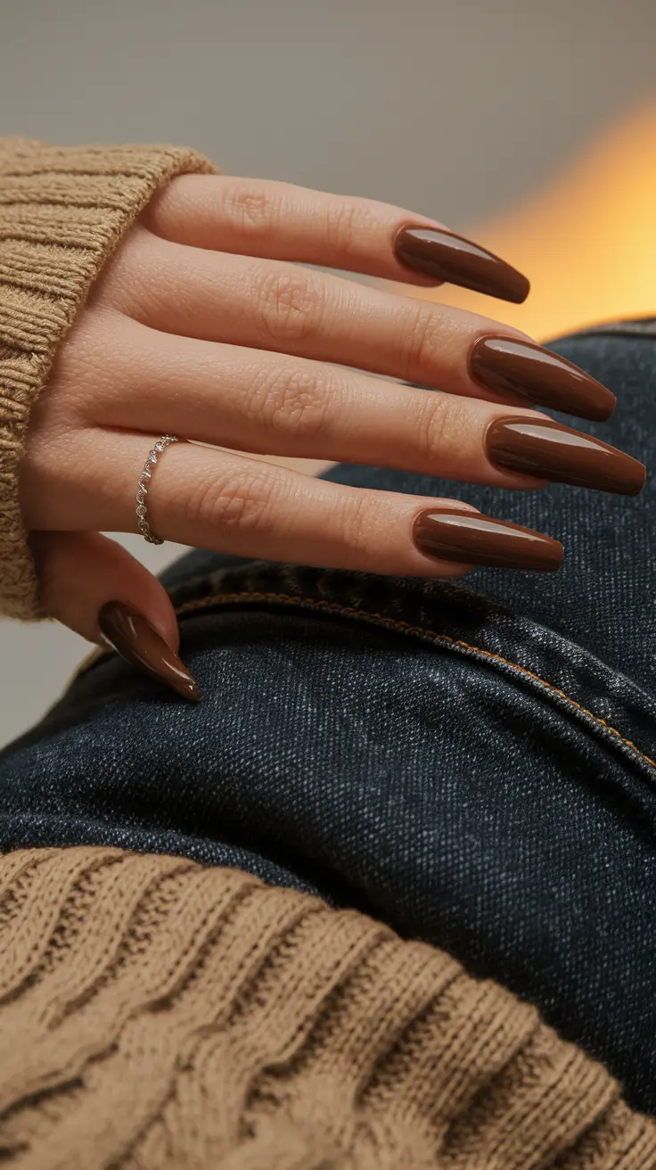 2025 Brown Fall Nails Classic Long Glossy Cocoa