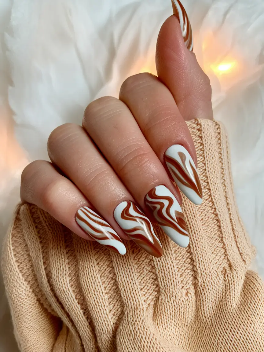 2025 Fall Almond Nails Caramel Swirl Drama for a Moody Fall
