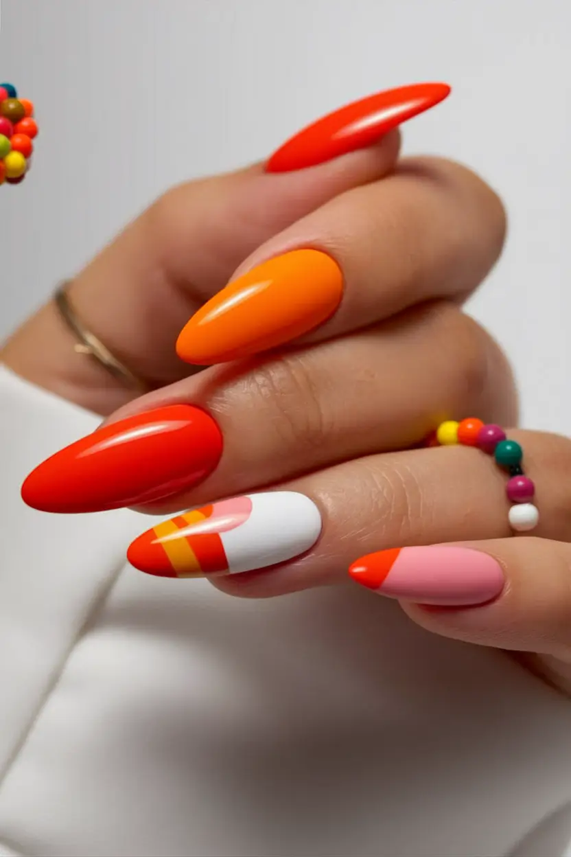 2025 Fall Almond Nails Playful Orange Pop with Candy-Inspired Charm