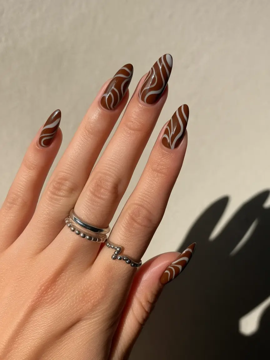 2025 Fall Almond Nails Matte Cocoa with Swirling Precision