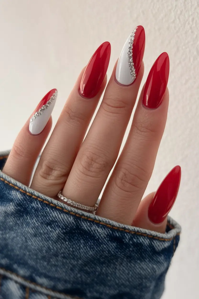 2025 Fall Almond Nails Crimson & Crystal Accent Nails