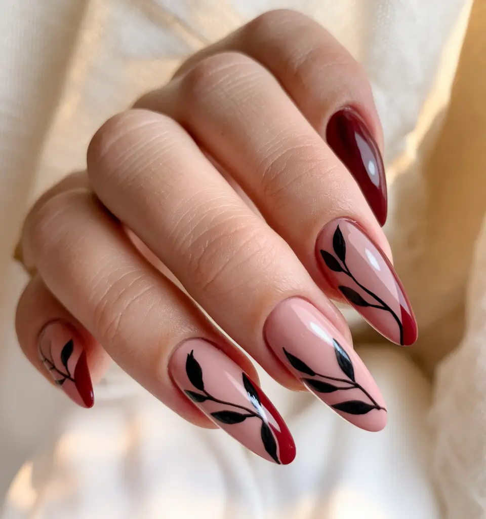 2025 Fall Almond Nails Glossy Burgundy with Botanical Art