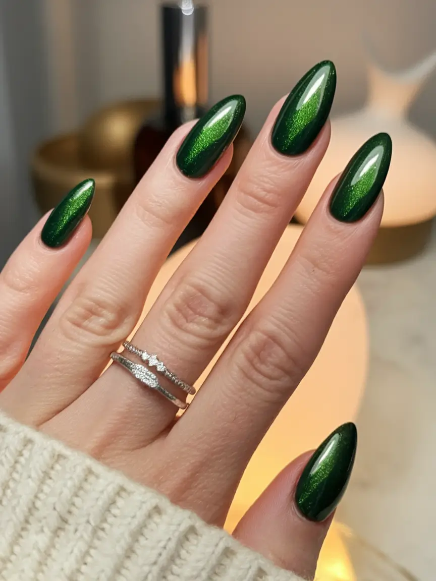 2025 Fall Almond Nails Dark Forest Chrome with Cat-Eye Effect