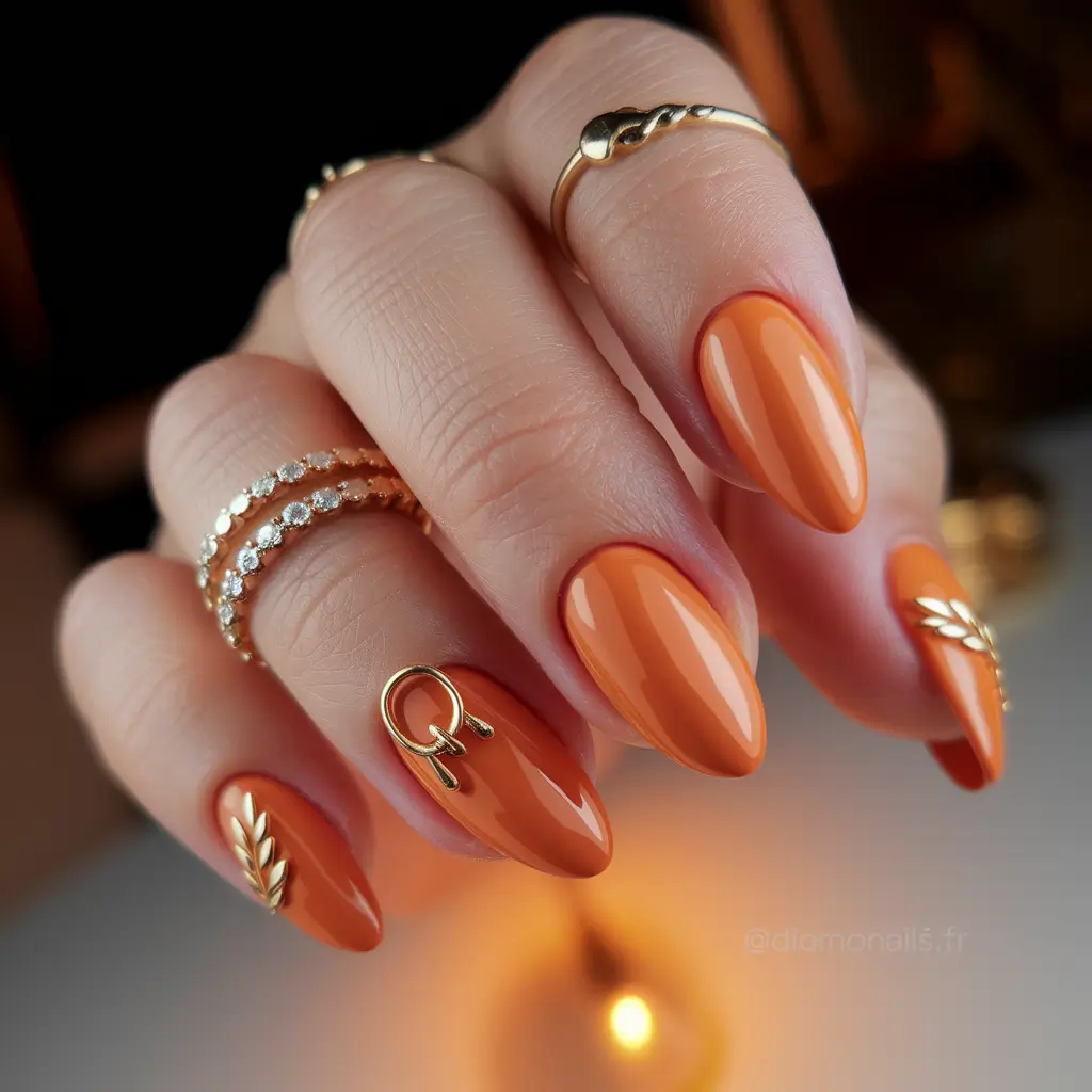 2025 Fall Almond Nails Golden Harvest in Tangerine Gloss