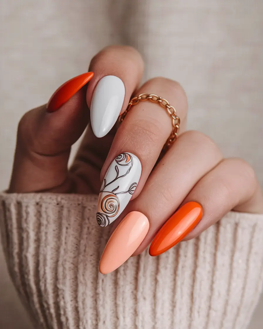 2025 Fall Almond Nails Floral Fade with Creamsicle Tones