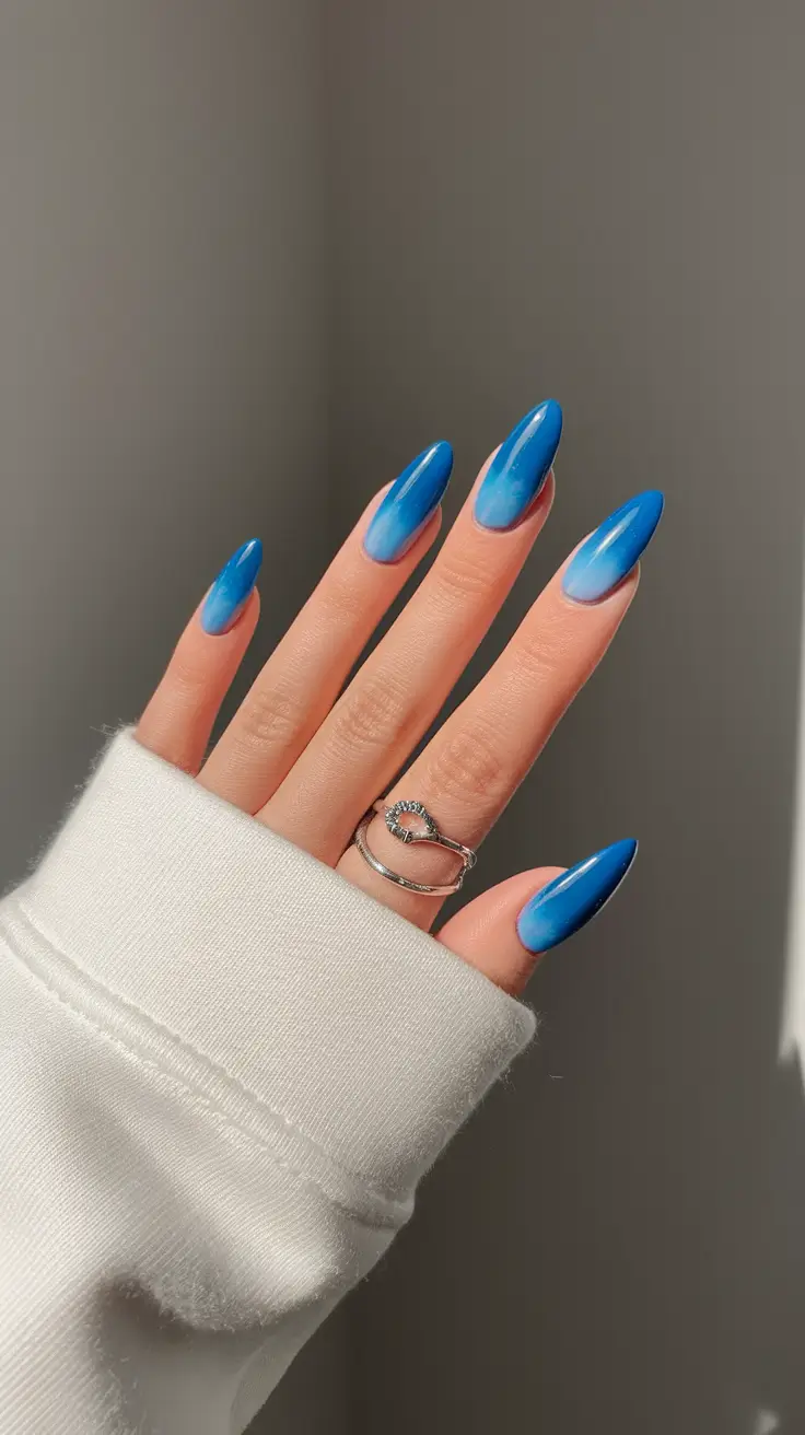 2025 Fall Almond Nails Bold Blue Shift with Glossy Impact