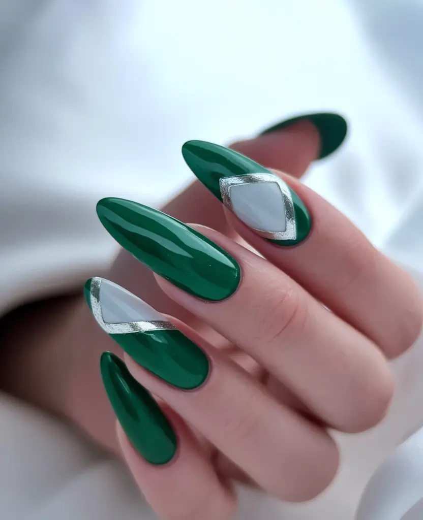 2025 Fall Almond Nails Emerald Chrome and Silver Geometry