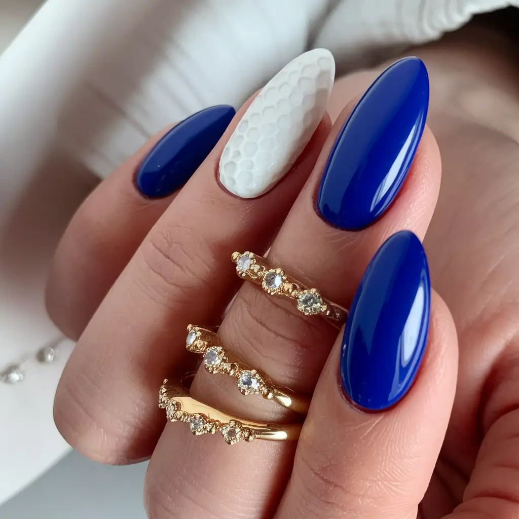 2025 Fall Almond Nails Royal Blue Meets Unexpected Texture