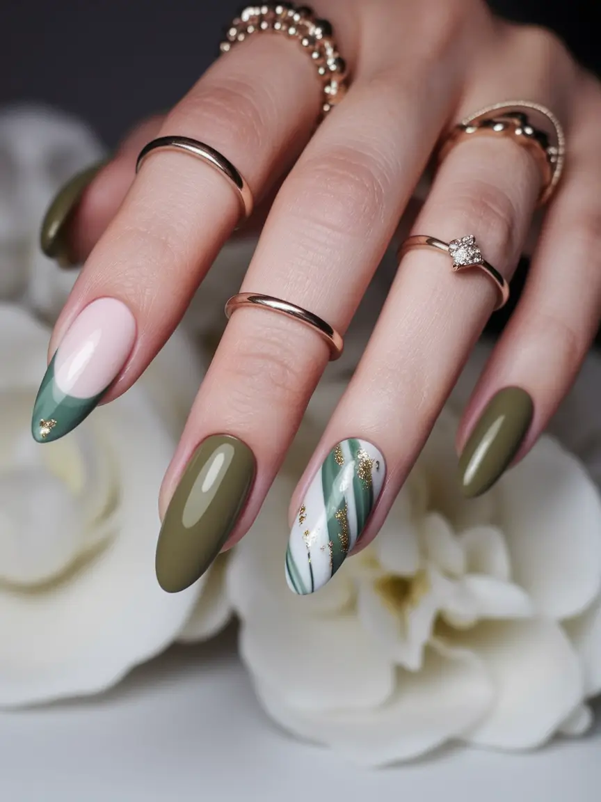 2025 Fall Almond Nails Olive and Gold with Marbled Magic