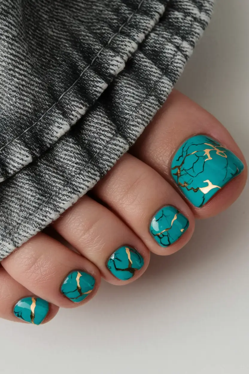 2025 Fall Toe Nail Colors Turquoise Marble with Gold Veins