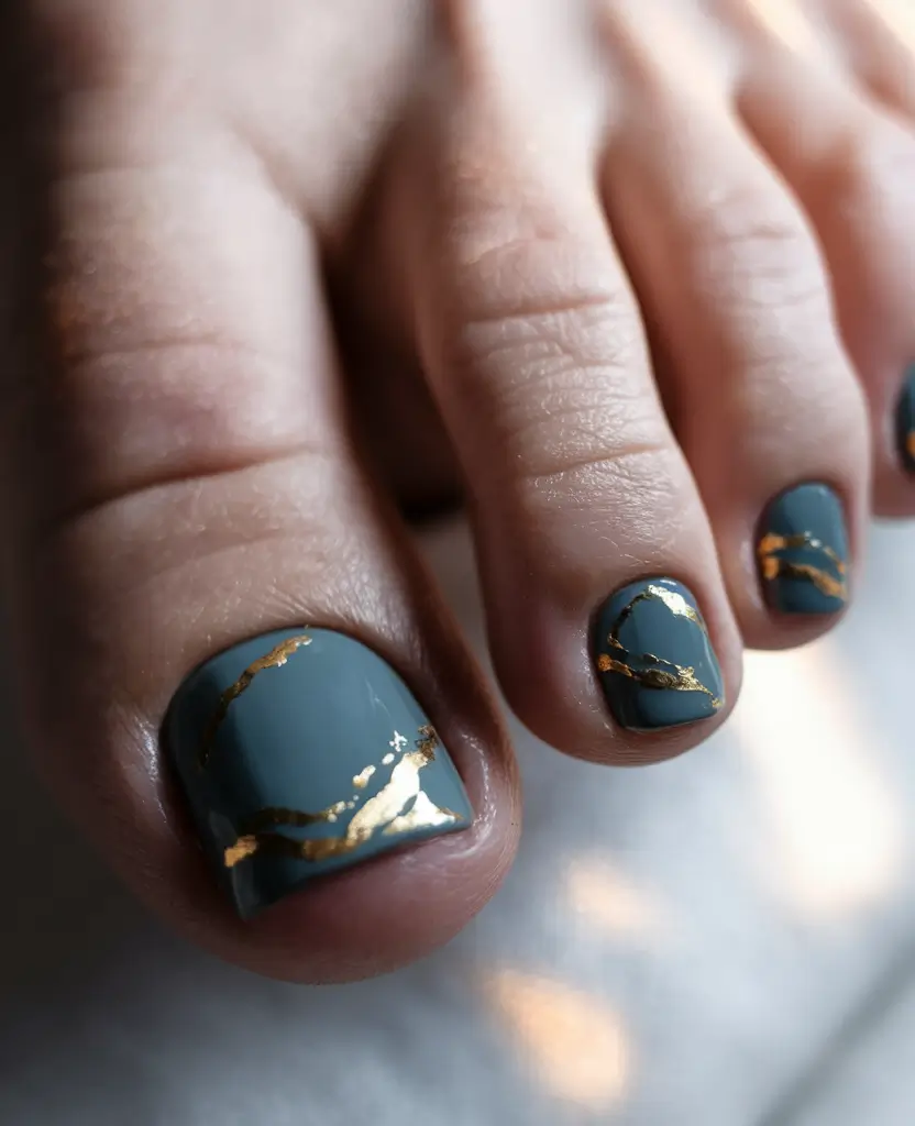 2025 Fall Toe Nail Colors Muted Teal with Gold Cracks